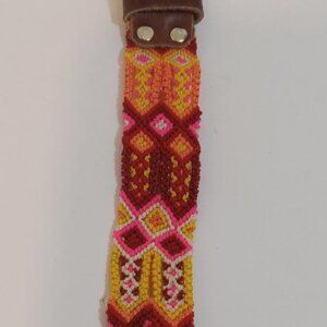 Geometric Loom Belt Bracelet Woven Womens Orange Multicolor Leather Strap